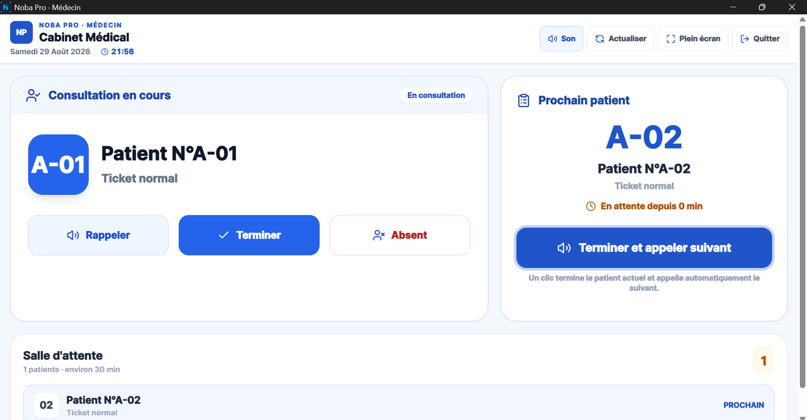 Interface Noba Pro de gestion des consultations et de la file d’attente pour les médecins